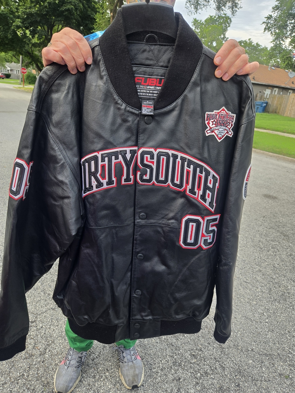 FUBU Black Leather 'Dirty South' Bomber Jacket with Red & White Accents